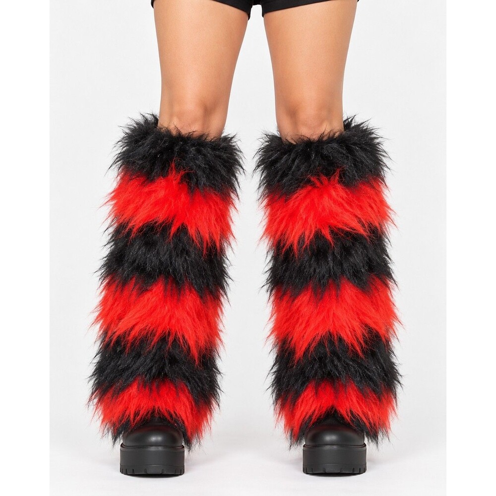Furry Monster Devil Leg Warmers Red Black Halloween Costume Cosplay Pair
